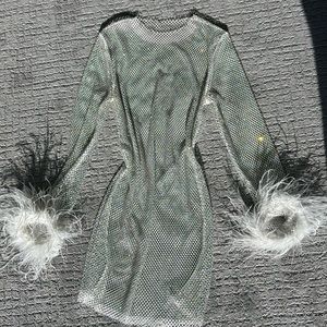 Sparkly mesh dress with feather sleeves